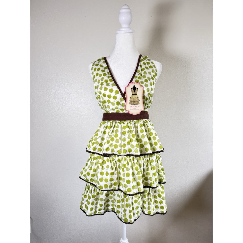 Envogue Green Apple Print Ruffle Kitchen Impression  Full Apron Cotton‎